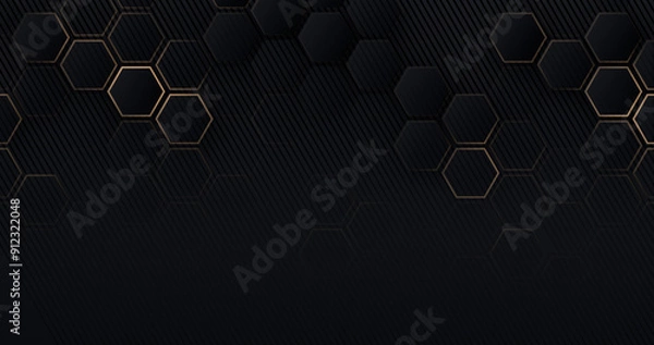 Obraz Luxury hexagonal abstract black metal background with golden light lines. Dark 3d geometric texture illustration. Bright grid pattern. Pure black horizontal banner wallpaper. Carbon elegant wedding BG