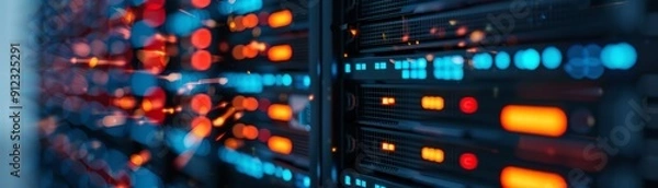 Obraz data center server rack with blurry lights and network cables for technology and data security concept.