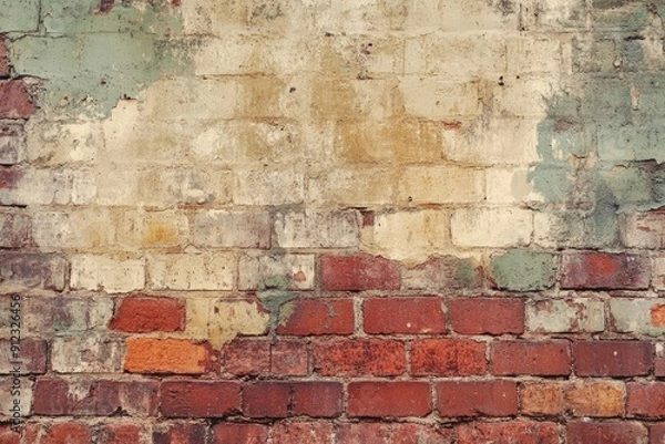 Fototapeta A brick wall with a green and white paint splatter. The wall is old and has a worn appearance