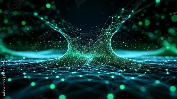 Fototapeta A digital forest of interconnected nodes, with data flowing through like a river, copy space in a clearing