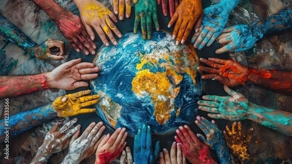 Fototapeta Multicolored Hands Surrounding a Globe