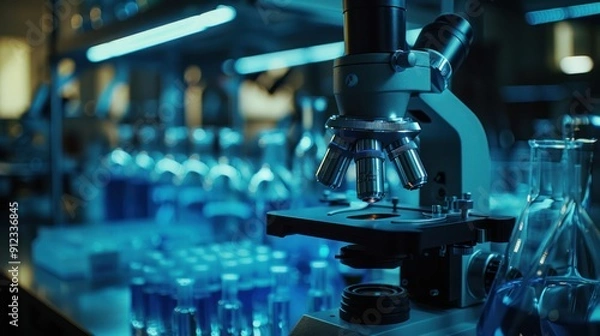 Fototapeta Close-Up of Microscope in Scientific Laboratory with Blue Lighting