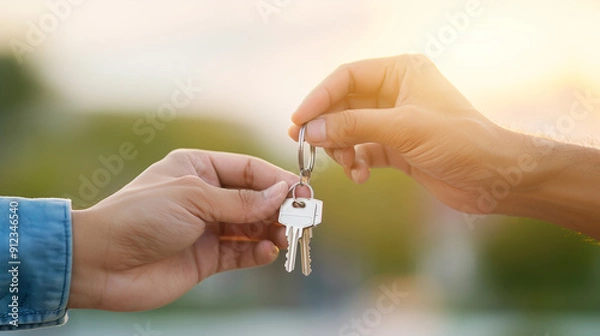 Fototapeta Two hands handing over a key in a natural light setting with a blurred background.