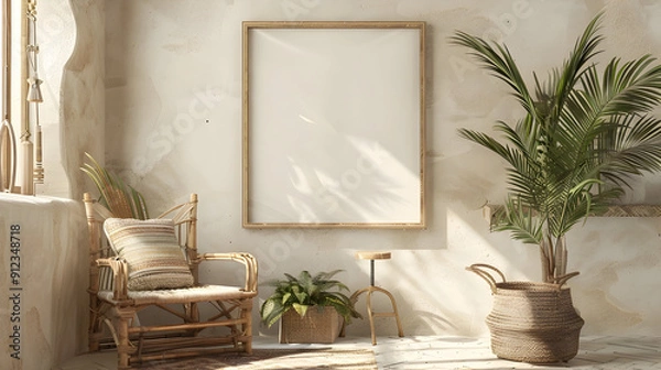 Fototapeta Frame & poster mockup in Boho style interior. 3d rendering, 3d illustration