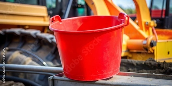 Fototapeta Close up photo of bright red bucket teeth on construction machinery, red, bucket, teeth, construction, machinery