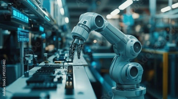 Fototapeta A robotic arm working on an assembly line, precisely assembling electronic components in a high-tech, automated manufacturing environment.