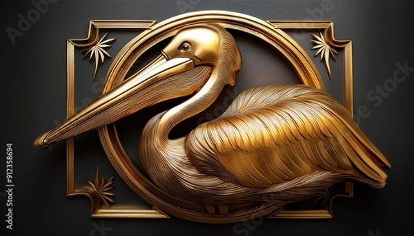 Fototapeta Craft an emblem of a golden pelican in a simplified form.