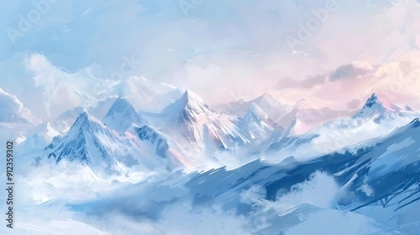 Fototapeta Snow-covered mountain landscape with peaks and a cold winter sky
