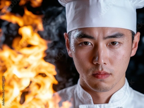 Fototapeta Serious chef in front of flames