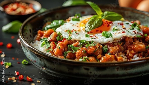 Obraz Thai basil pork with rice and fried egg, dark background, closeup