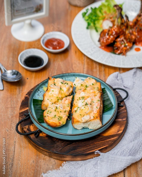 Fototapeta Cheesy Garlic Bread with Shrimp