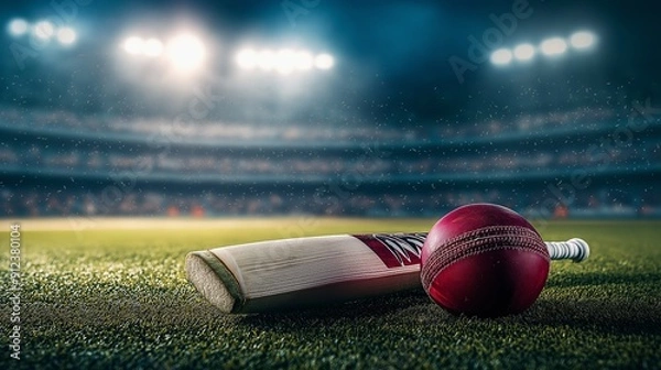 Fototapeta Cricket bat and ball on the field under stadium lights, perfect for e-commerce banners and sports ads.