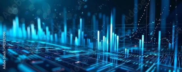 Fototapeta Abstract smartphone desktop background, digital bar charts and graphs, glowing in shades of blue, stock market investment trading chart displayed, glowing financial charts