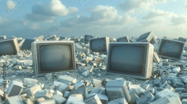 Fototapeta A pile of old televisions and computer monitors