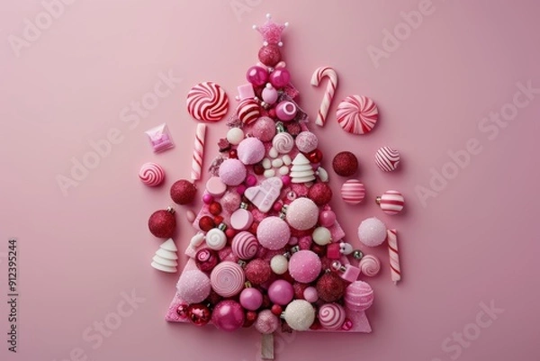 Fototapeta A pink-themed tower of assorted candies, featuring various shapes and textures, against a pastel pink background.
