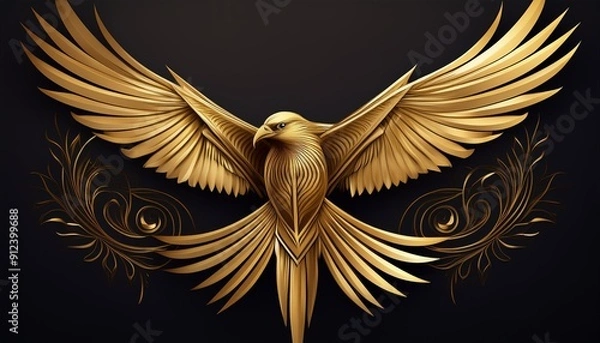 Fototapeta Design a minimalist logo of a golden kite bird in mid-flight.