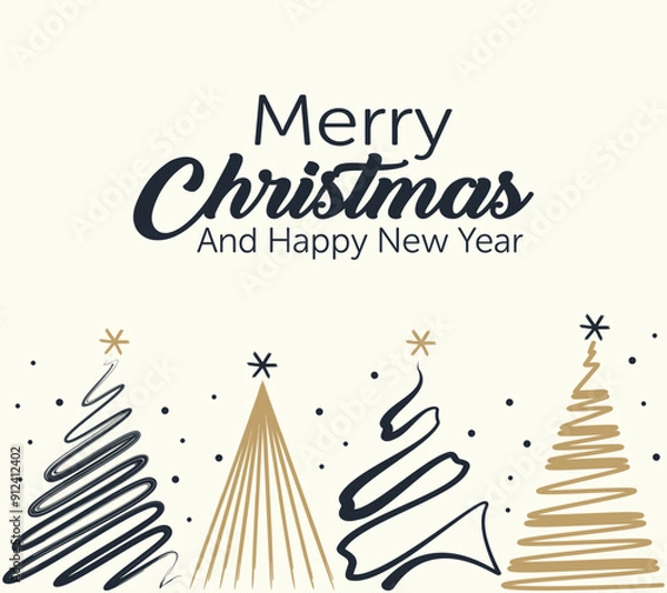 Obraz Christmas and New Year card with a minimalist design, elegant text "Merry Christmas And Happy New Year," and stylized Christmas trees in black and gold on a white background