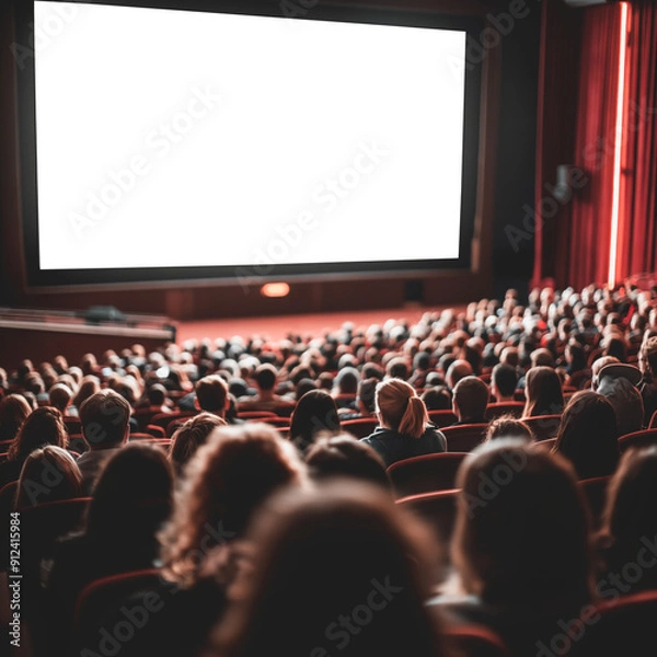 Fototapeta Crowded movie theater with audience facing blank white screen