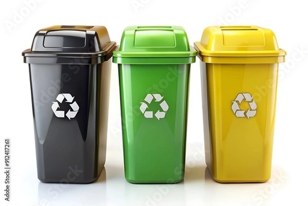 Obraz Collection of three recycling bins in different colors (black, green and yellow) isolated on a white background