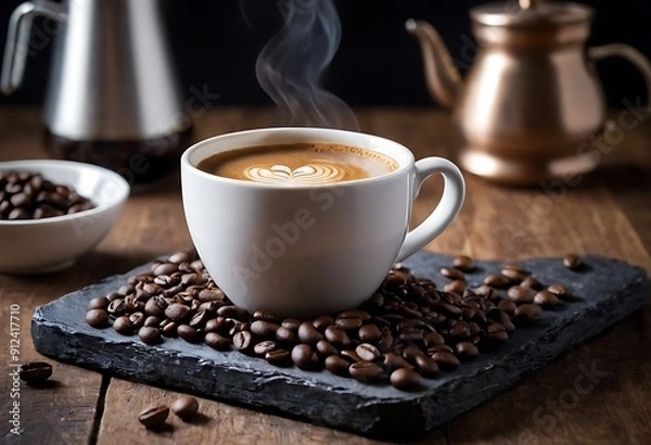 Fototapeta A cup of coffee, Espresso coffee with coffee beans