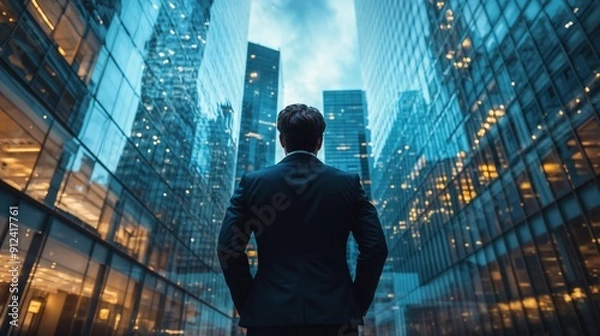 Fototapeta Businessman in a suit with modern office glass buildings in the background, symbolizing economic market stock investment, financial freedom, portfolio management, company profit, and strategy growth 