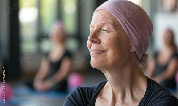 Obraz close-up portrait of an elderly cancer survivor with a pink headscarf, smiling during a yoga class in the gym, focusing on relaxation techniques for coping