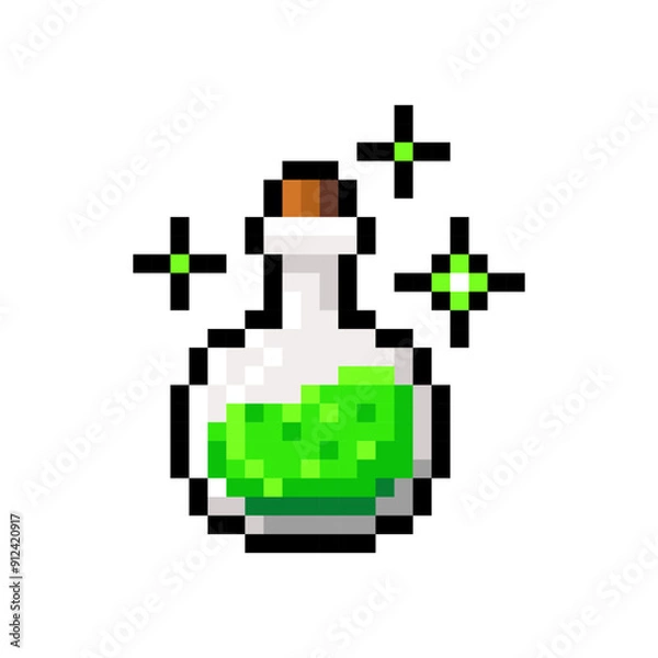 Obraz Witch potion in glass bottle isolated on transparent background. Chemistry glass bulb with green liquid. Magic elixir pixel icon. Vector illustration of Halloween elements in 16 bit style.