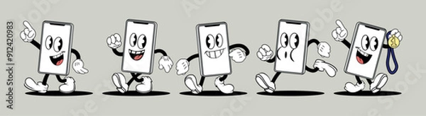Obraz A set of vintage, cartoon-style smartphone characters with smiling faces, arms, and legs, different poses, mascot gestures and expressions. Vector phone character, isolated set 