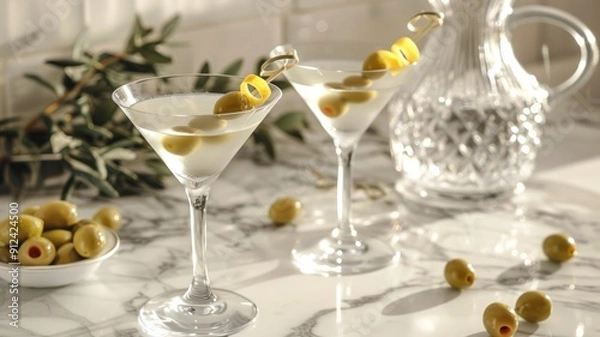 Fototapeta Two martini glasses with olives and lemon twists on marble counter