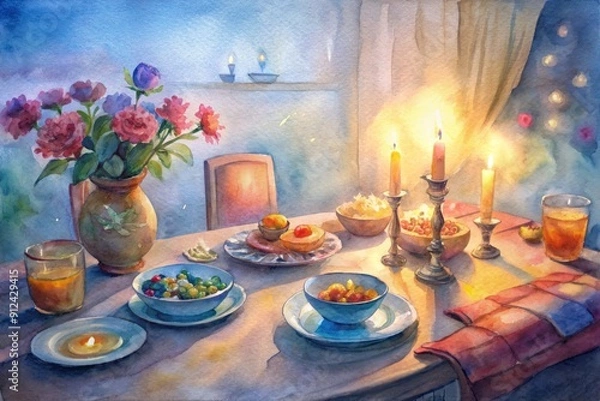 Fototapeta Cozy dinner table setting with steaming hot Indian dishes, candles, and flowers, evoking warmth and togetherness of a happy family evening at home.