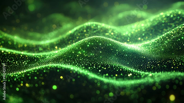 Fototapeta Luminous green wavy line light line, green wave lights , Green stars dust trail sparkling particles isolated