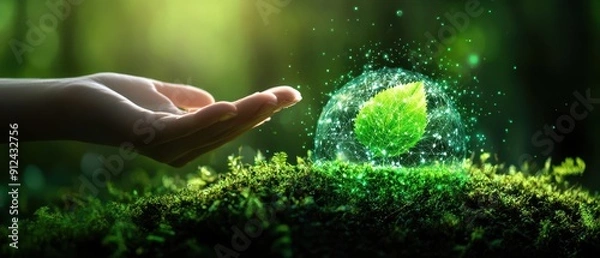 Fototapeta Hand Reaching Towards a Glowing Leaf in a Magical Forest Setting with Sparkling Lights and Moss