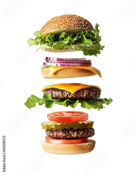 Obraz Floating deconstructed cheeseburger ingredients isolated on white background.