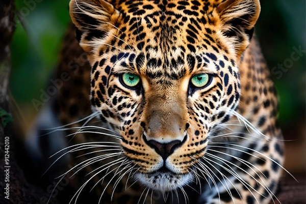 Fototapeta A close-up of a leopard showcases its striking and intense gaze directly into the camera. Its piercing green eyes, prominent whiskers, and sleek, muscular build are visible, a blurred background.
