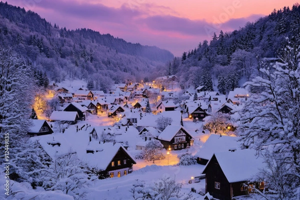 Obraz A quaint village blanketed in snow as the sun sets.