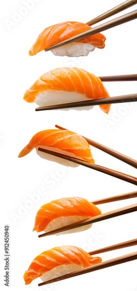 Obraz Delicious sushi selection with salmon on rice, beautifully arranged and held with chopsticks, perfect for food lovers.