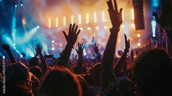 Fototapeta A large crowd at a concert with their hands raised in front of the stage. People watching a concert with colorful lights on the stage.