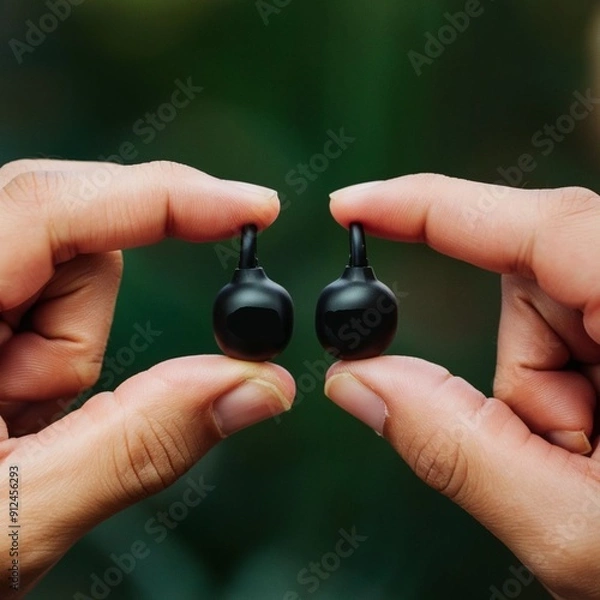 Obraz noise canceling earbuds black held by fingers