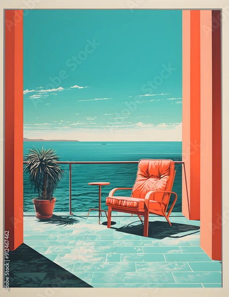 Obraz Coastal Balcony View with Vibrant Colors and Relaxing Ambiance