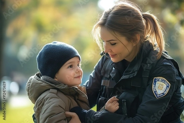Obraz Policewoman assisting a lost child