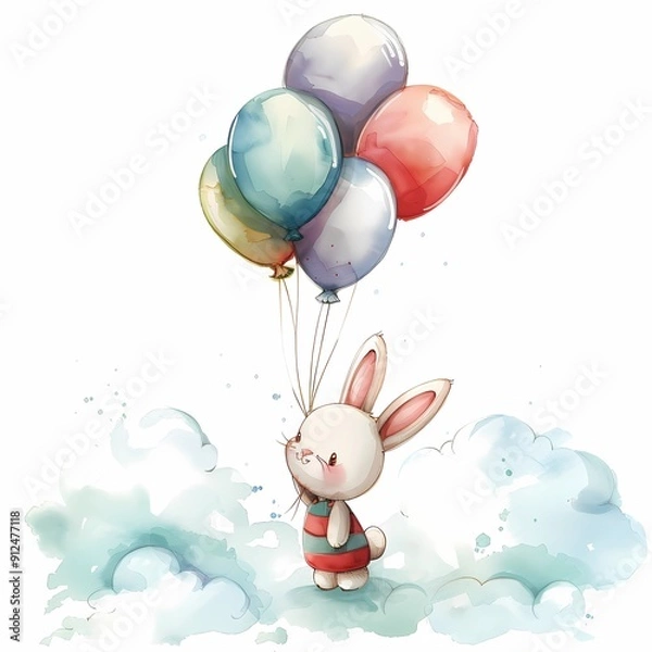 Fototapeta Cute rabbit with colorful balloons.