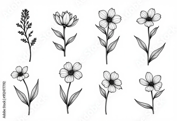Fototapeta Floral Botany Illustrations: Outline Flowers for Graphic Design 