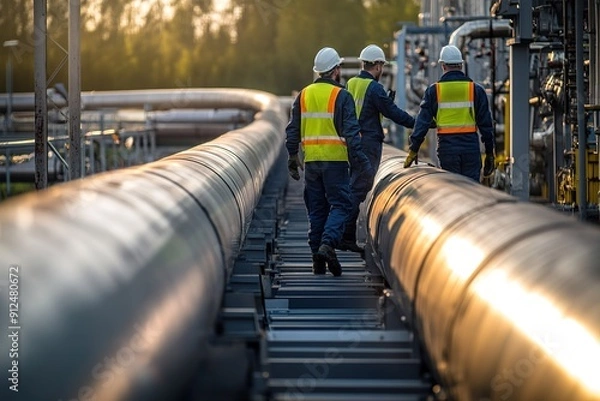 Obraz Workers in safety gear inspecting a pipeline