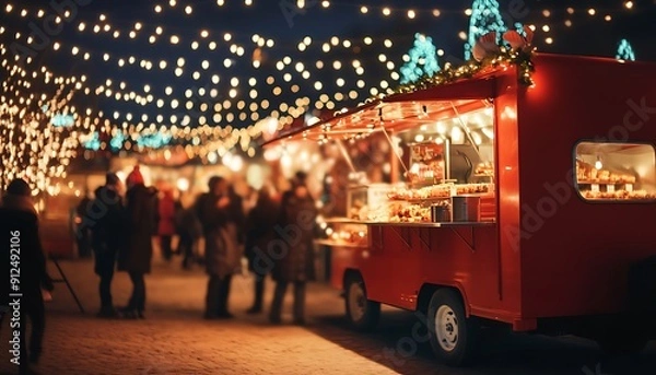 Obraz Red Food Truck at a Christmas Market