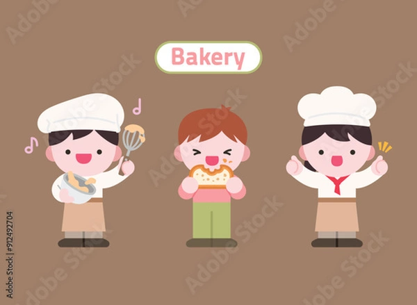 Obraz 베이커리 제빵사 캐릭터 일러스트.
세 명의 귀여운 제빵사 캐릭터들, 다양한 작업을 하는 컬러 일러스트.