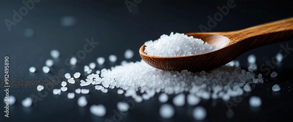 Fototapeta A close up wooden spoon holds scattered sea salt against a black background with copy space image 