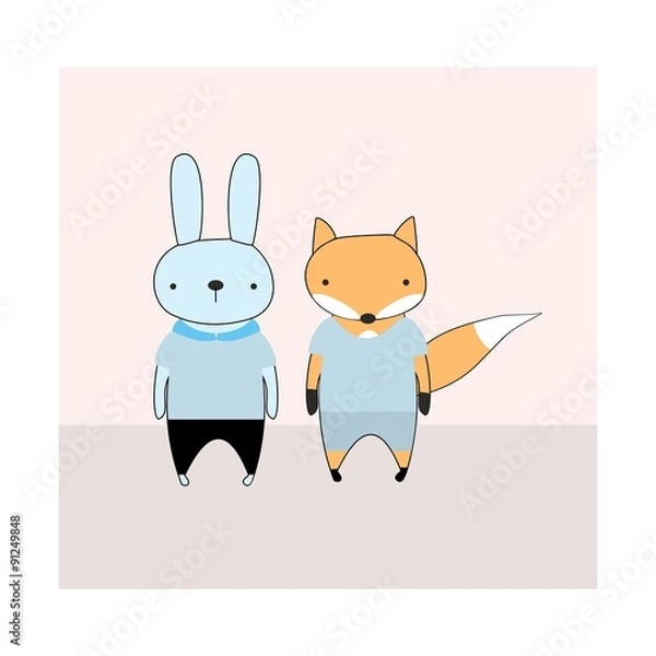 Obraz Rabbit and fox cartoon cute vector illustration