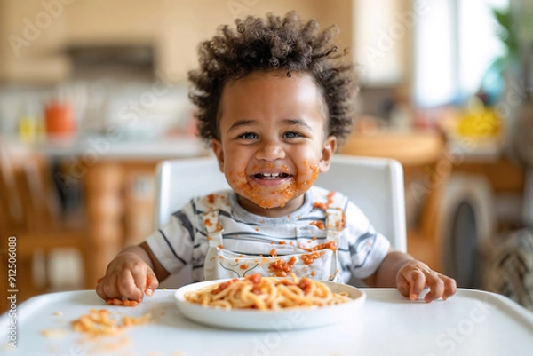 Obraz Funny portrait of a baby eating spaghetti and smiling. The baby has a face full of tomato sauce.