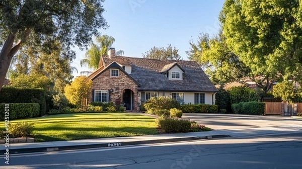 Fototapeta Charming residential home surrounded by lush greenery, displaying beautiful architecture in a serene neighborhood setting.