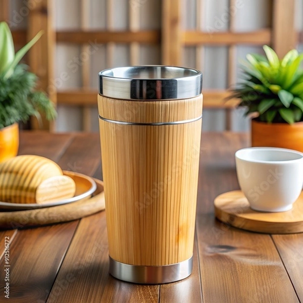 Obraz wooden mug on table with cup and breakfast